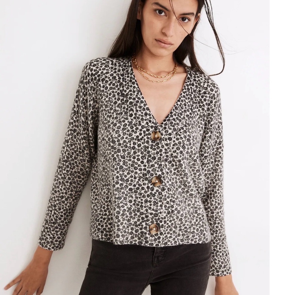Madewell Small Ditzy Cameron Ribbed Cardigan Sweater Coziest Yarn Floral Cottage